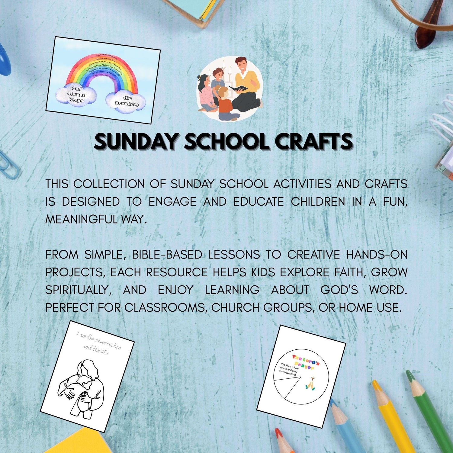 "Children making Printable bible-themed crafts for Sunday School.