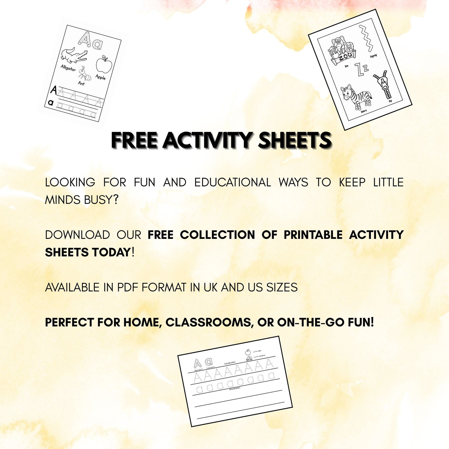 An advert for free printable activity sheets for kids.