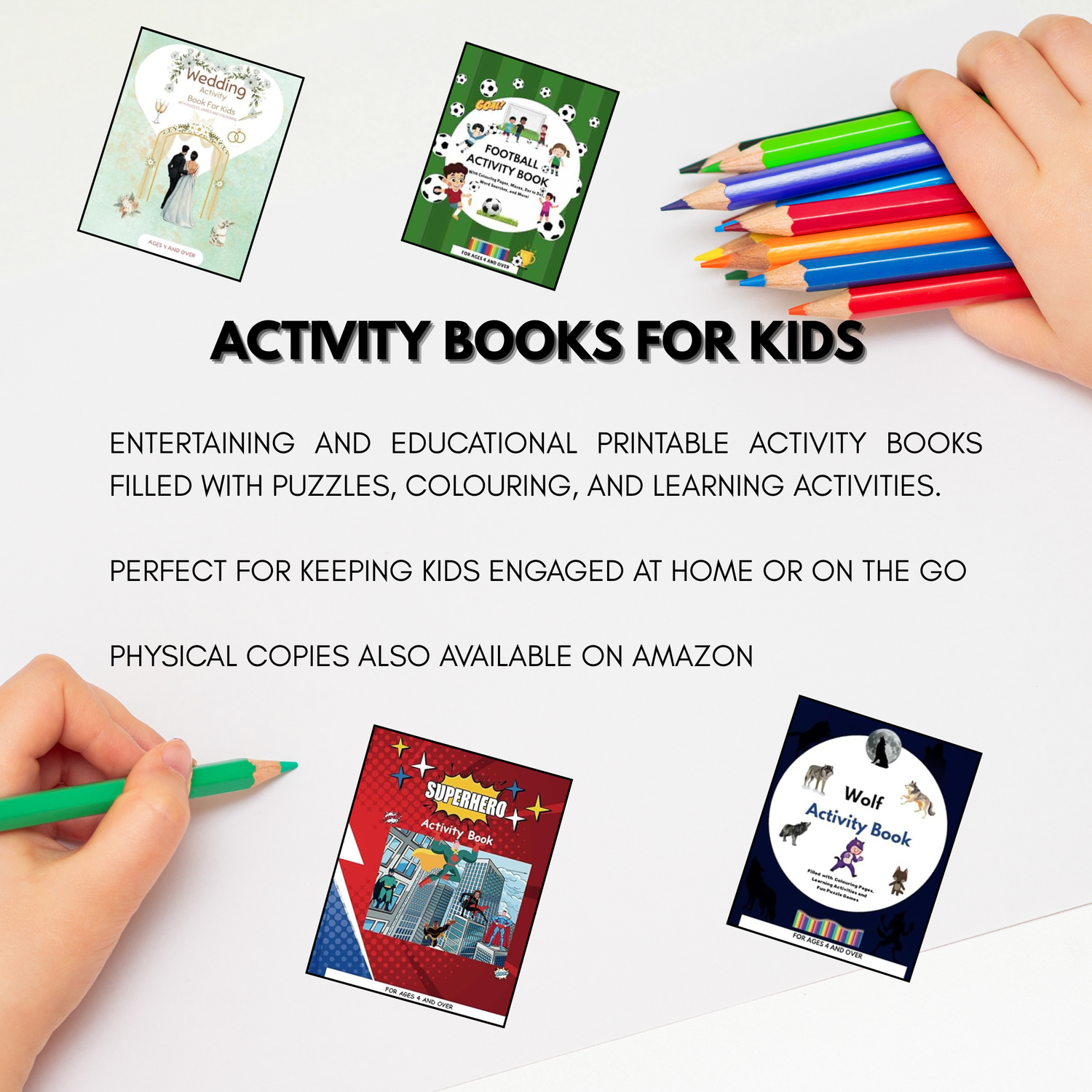 Printable fun educational kids activity books with puzzles and colouring pages.
