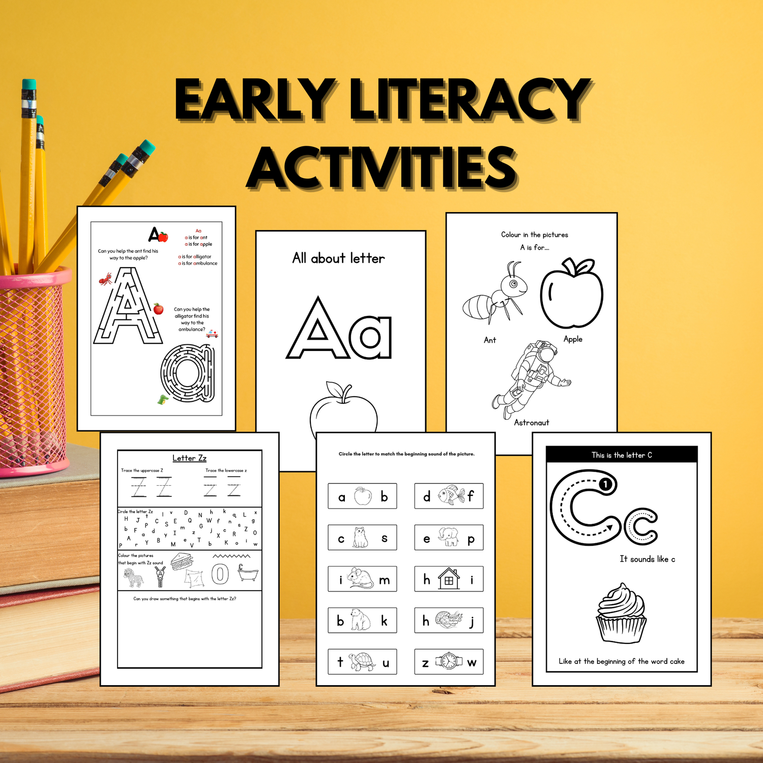 Printable early literacy worksheets for early reading and writing skills.