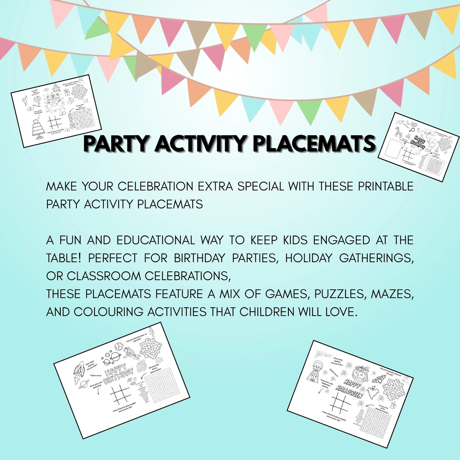 Printable kids party placemat with games and colouring activities.