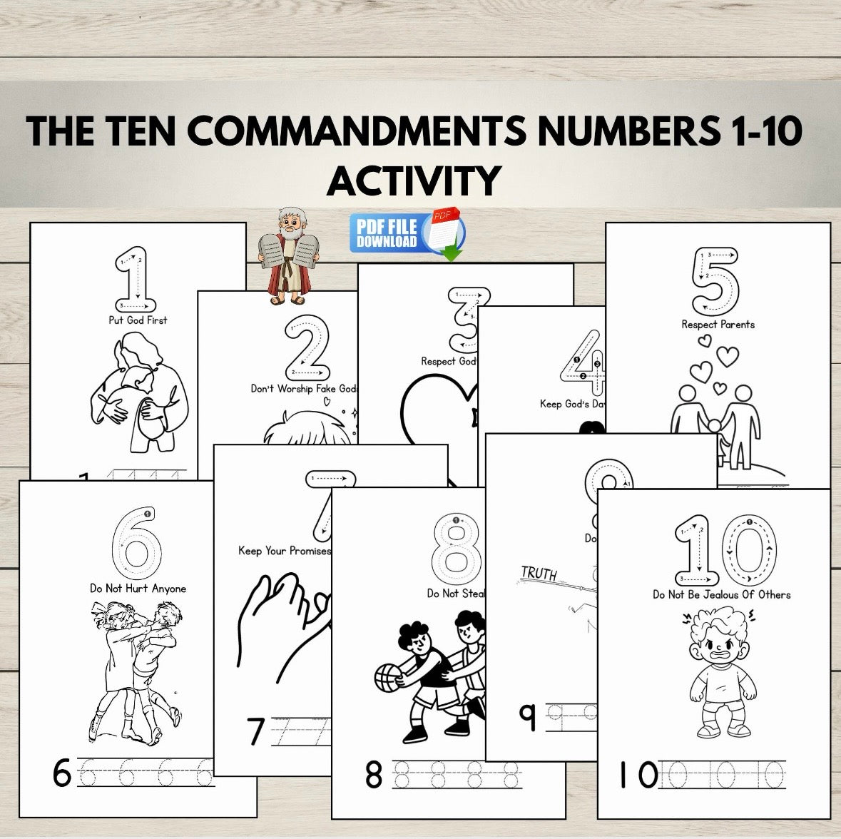 Ten Commandments numbers 1-10 activity sheet with illustrations on a wooden background
