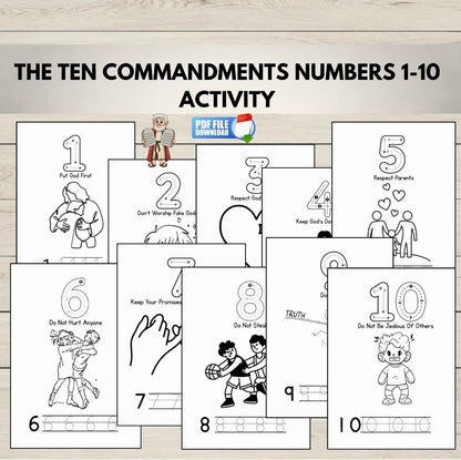 Ten Commandments numbers 1-10 activity sheet with illustrations on a wooden background