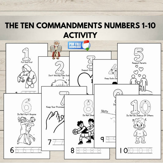 Ten Commandments numbers 1-10 activity sheet with illustrations on a wooden background