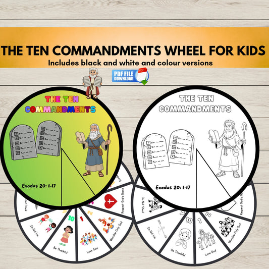 10 Commandments printable wheel craft for kids Bible activity for Sunday School and homeschool.