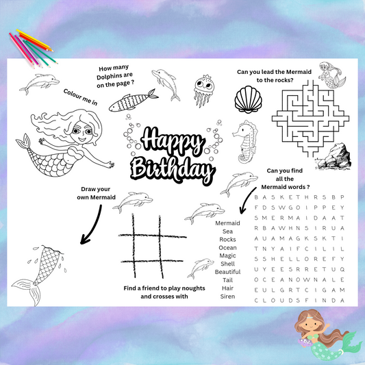 "A Mermaid birthday Activity Placemat Printable."