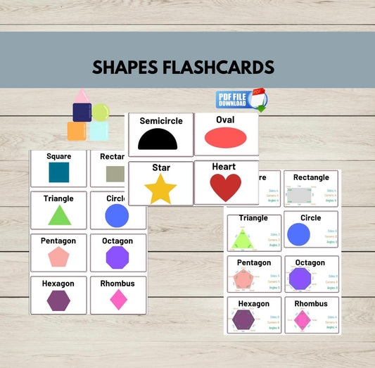 Printable 2D shapes flash cards for preschool and kindergarten learning.