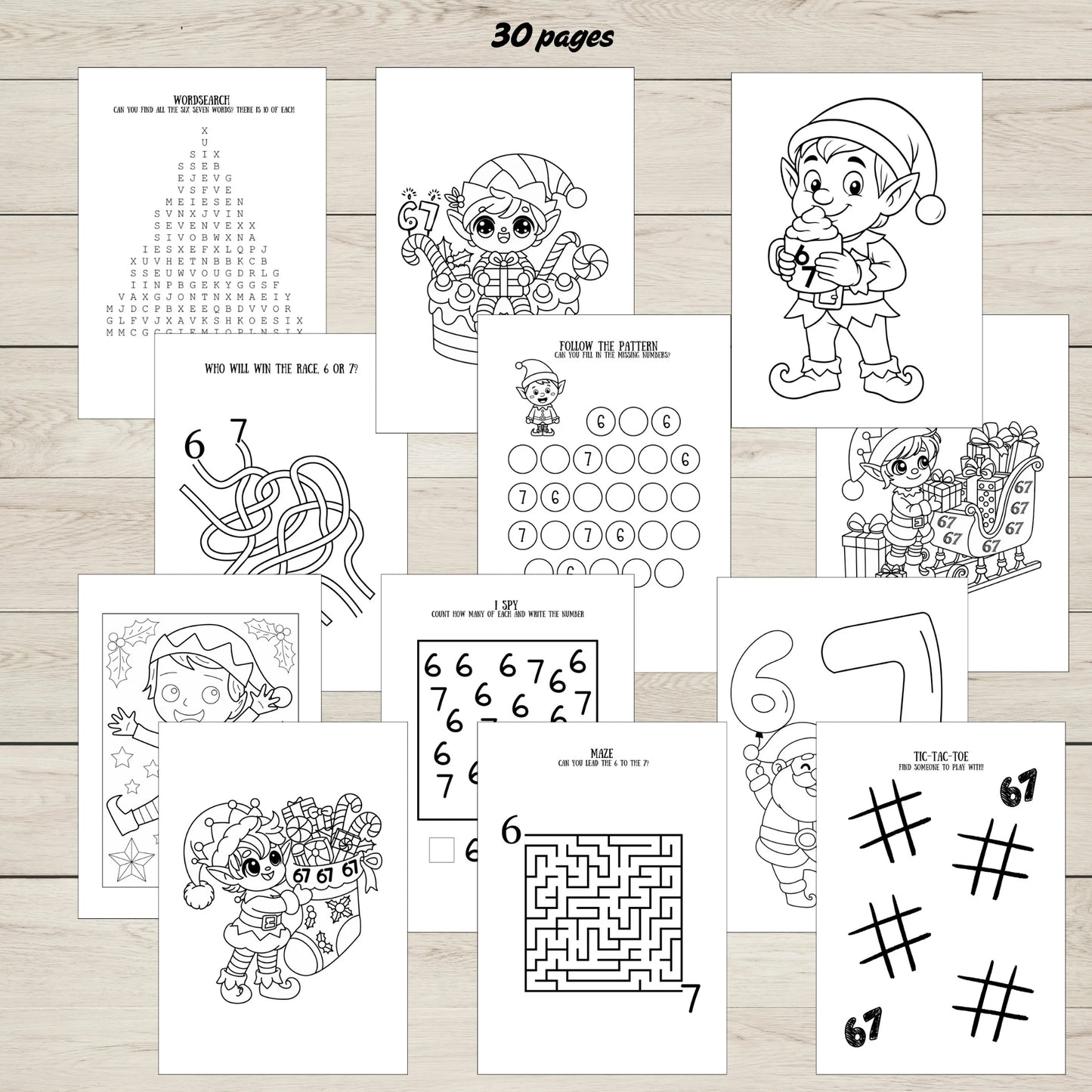 Collection of Christmas-themed worksheets and colouring pages on a wooden surface.