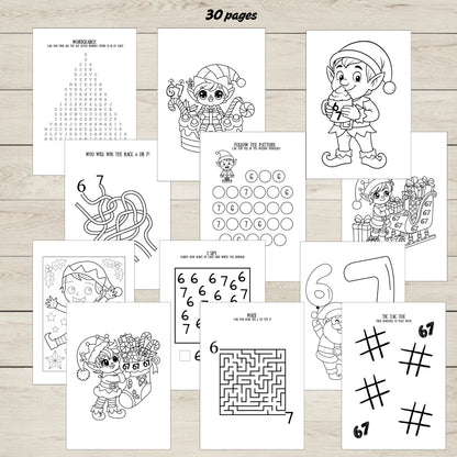 Collection of Christmas-themed worksheets and colouring pages on a wooden surface.