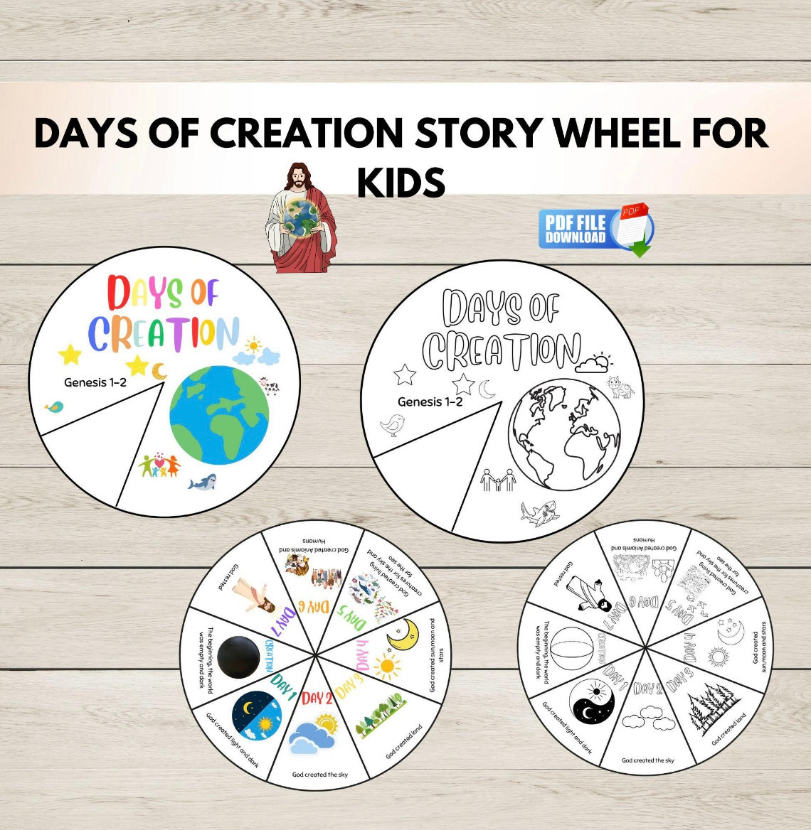 Days of Creation story wheel for kids on a wooden background with text and icon.