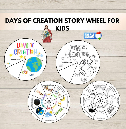 Days of Creation story wheel for kids on a wooden background with text and icon.
