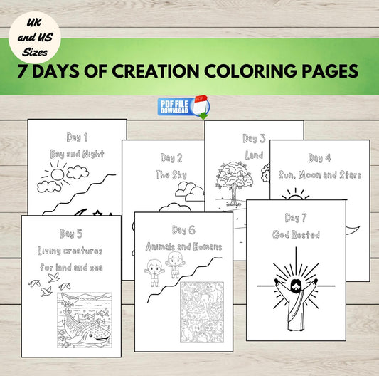 7 Days of Creation colouring pages on a wooden surface with a green banner at the top.