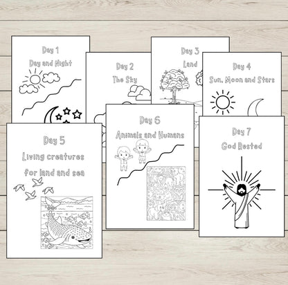 Set of seven black and white illustrations on a wooden surface, each representing a day of creation from the Bible.