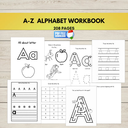 A-Z Alphabet Workbook with sample pages on a wooden surface
