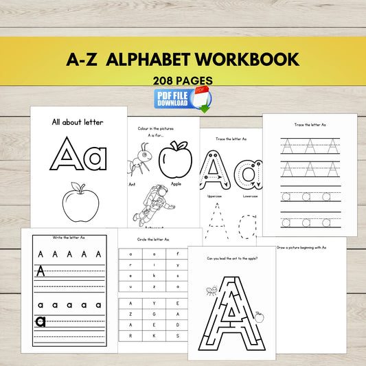 A-Z Alphabet Workbook with sample pages on a wooden surface