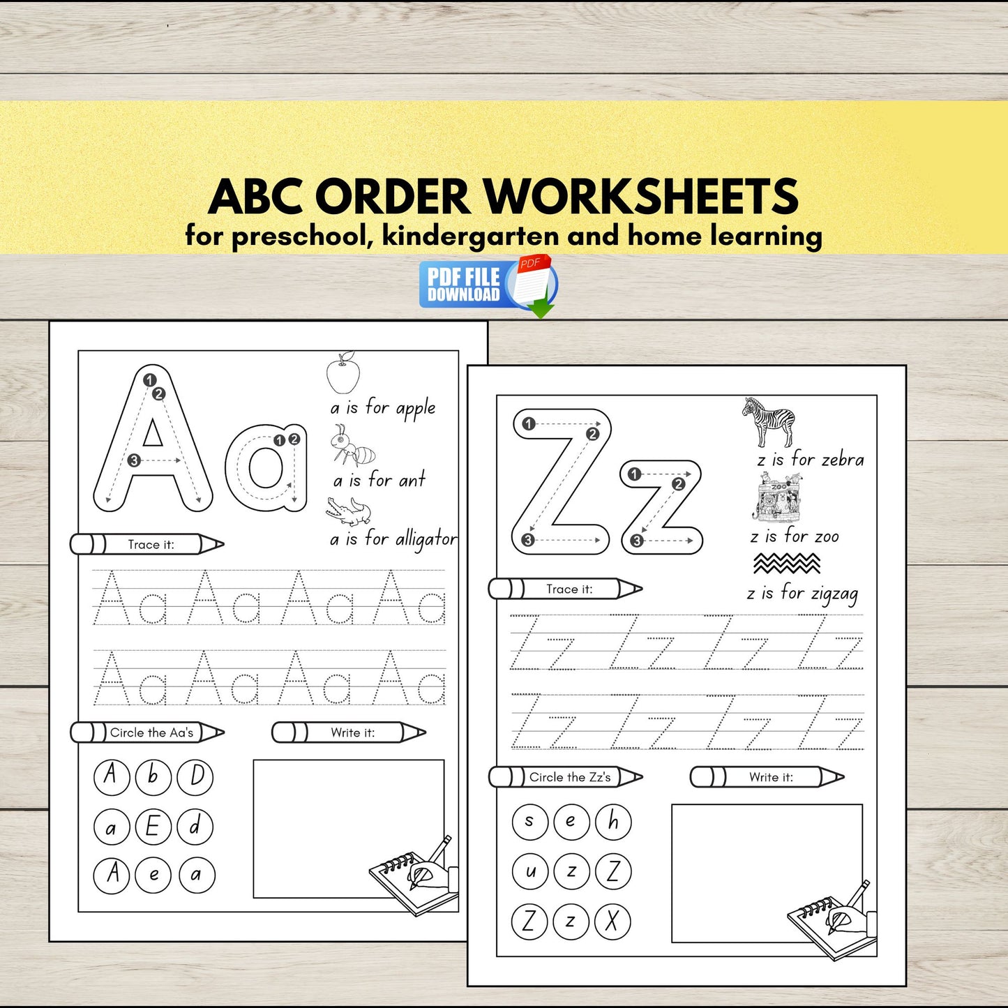 ABC Order Worksheets printable set for preschool and kindergarten. A to Z alphabetical order activity sheets for early literacy practice.