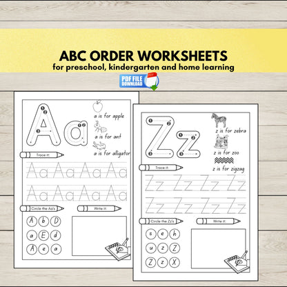 ABC Order Worksheets printable set for preschool and kindergarten. A to Z alphabetical order activity sheets for early literacy practice.