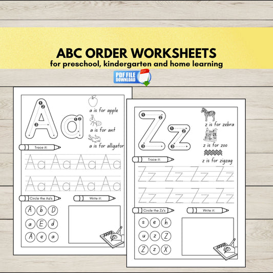 ABC Order Worksheets printable set for preschool and kindergarten. A to Z alphabetical order activity sheets for early literacy practice.
