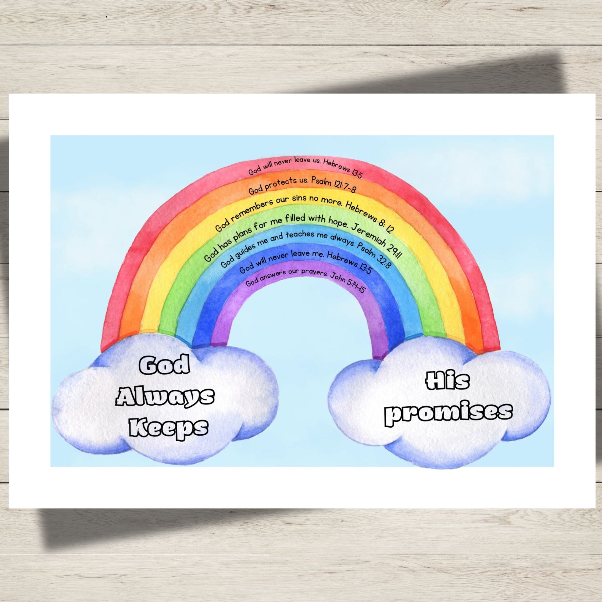 A square wall art print featuring a pastel rainbow over a light blue sky, with two white clouds and printed scripture text. The left cloud reads 'God Always Keeps' and the right cloud reads 'His promises.