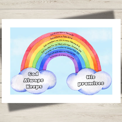 A square wall art print featuring a pastel rainbow over a light blue sky, with two white clouds and printed scripture text. The left cloud reads 'God Always Keeps' and the right cloud reads 'His promises.