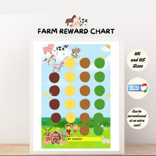 A printable reward chart with cute farm animal images for kids.