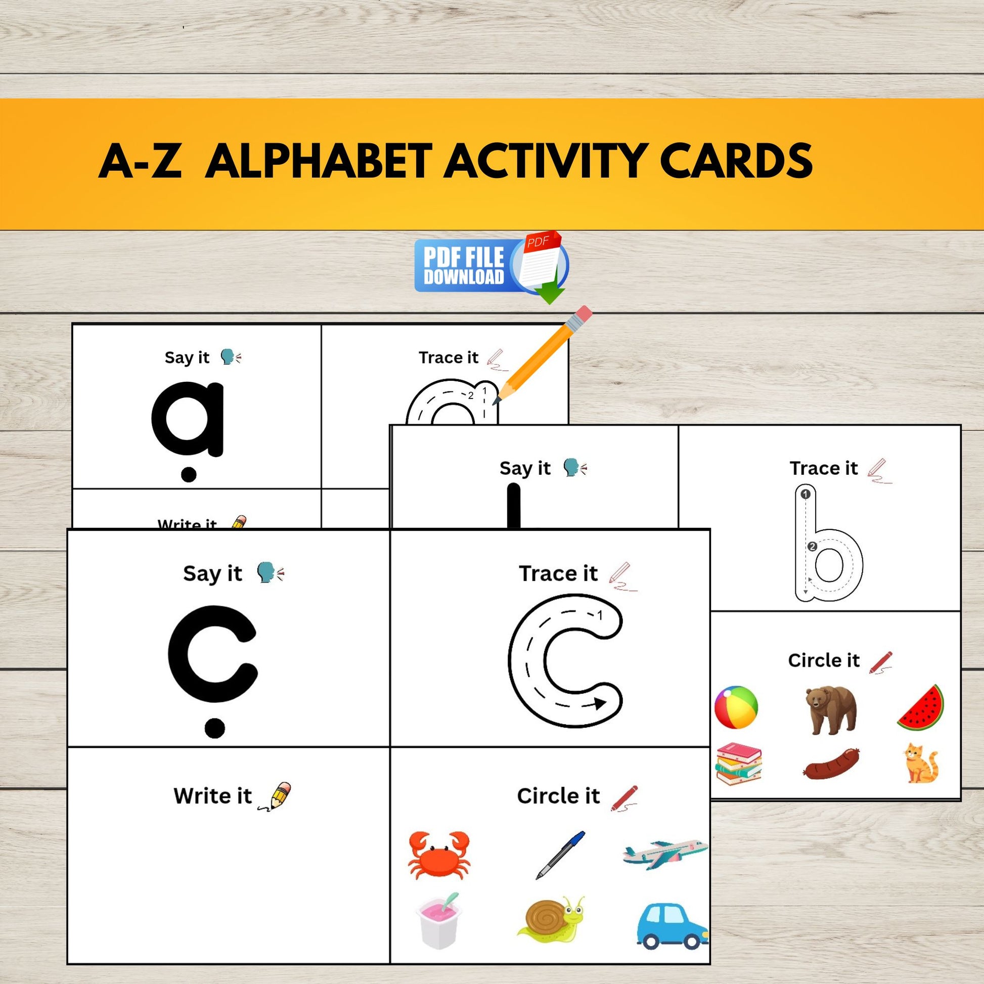 A-Z Alphabet Activity Cards with educational activities on a wooden surface