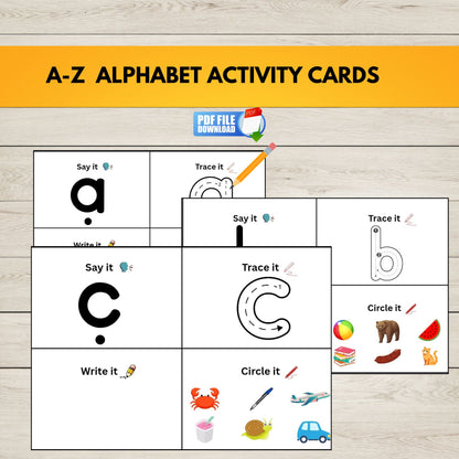 A-Z Alphabet Activity Cards with educational activities on a wooden surface