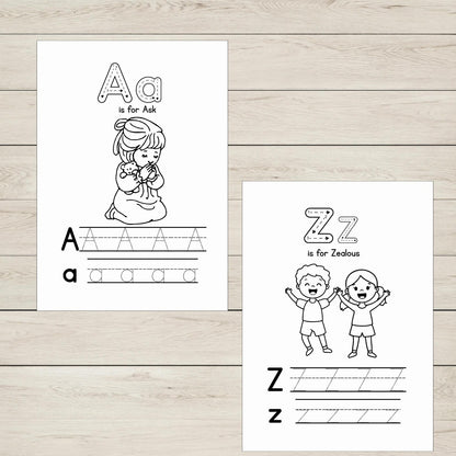 A and Z Bible Alphabet Phonics printable sheets with letter tracing practice for kids.
