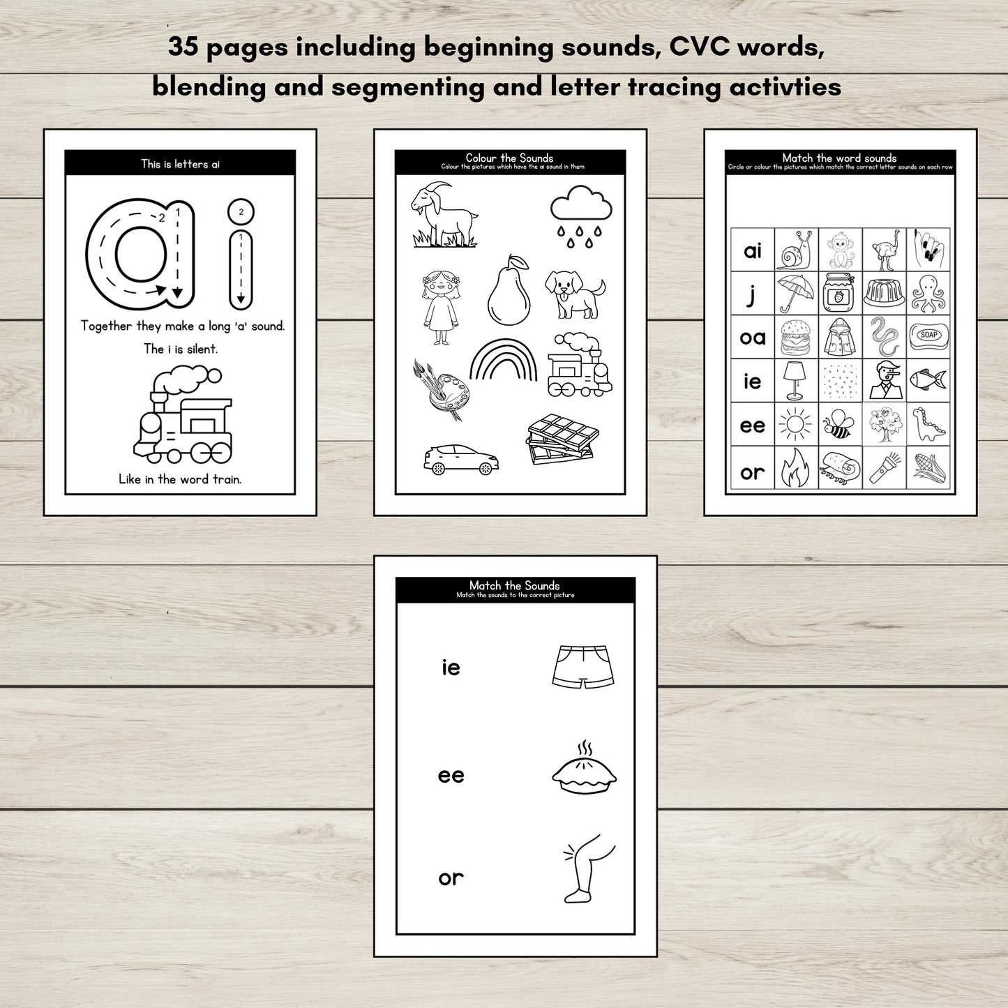Educational worksheets for beginning sounds, CVC words, and letter tracing activities for phonics group 4.