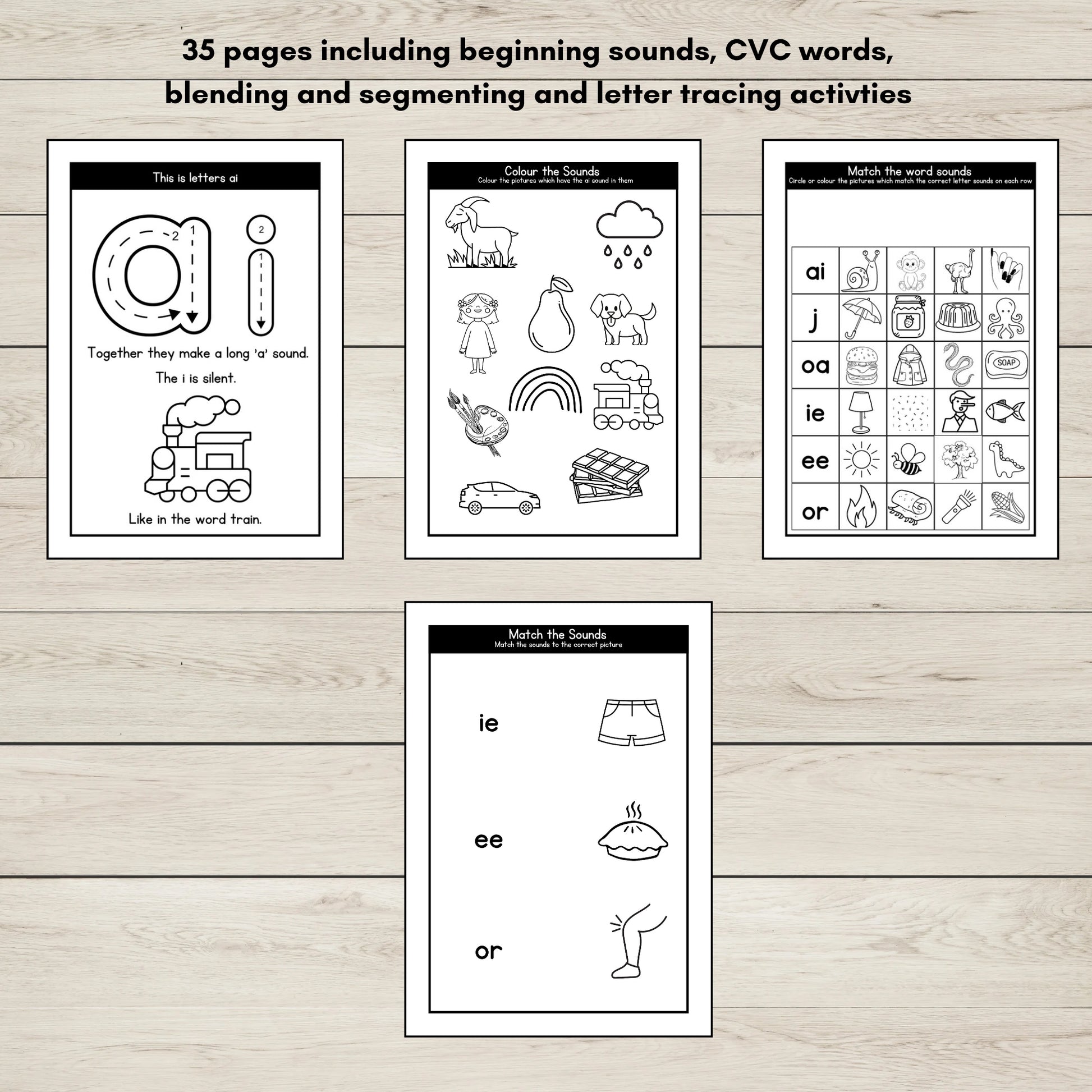 Educational worksheets for beginning sounds, CVC words, and letter tracing activities for phonics group 4.