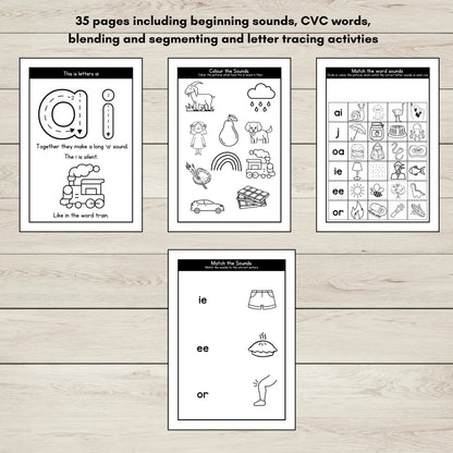 Educational worksheets for beginning sounds, CVC words, and letter tracing activities for phonics group 4.