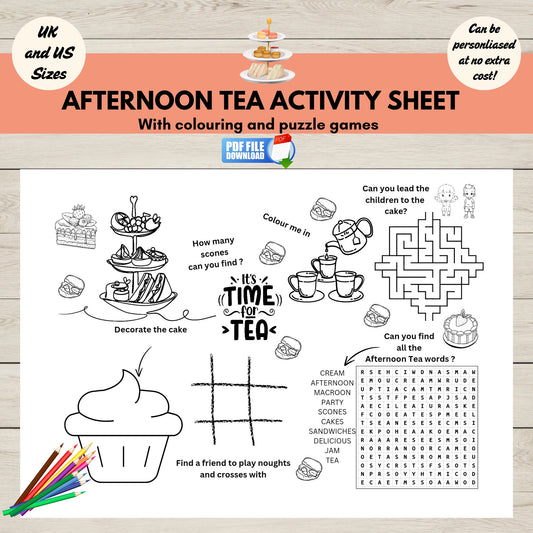 Printable tea party place mat with afternoon tea theme, featuring colouring sections, puzzles, and games for kids and party guests.