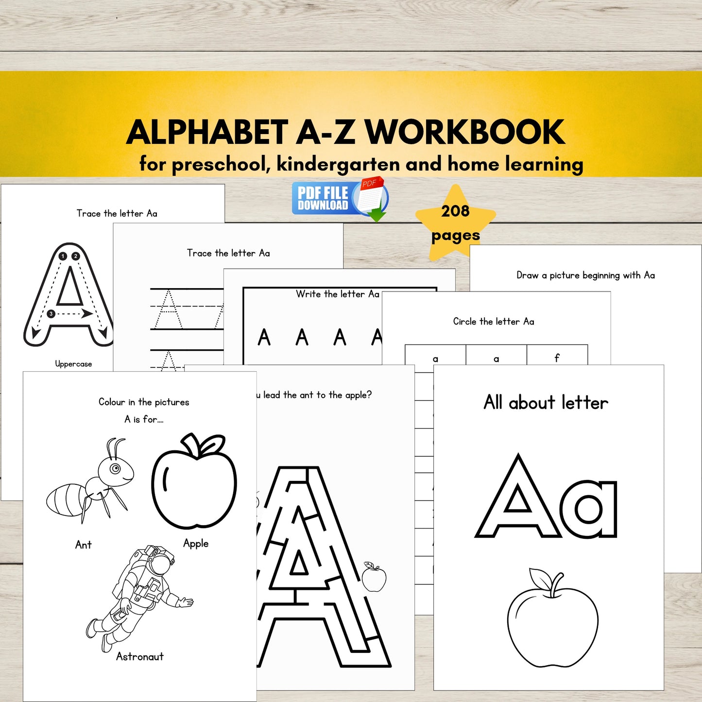 Printable A–Z Alphabet Activity Workbook for preschool and kindergarten kids – tracing, phonics, colouring, and learning activities PDF.