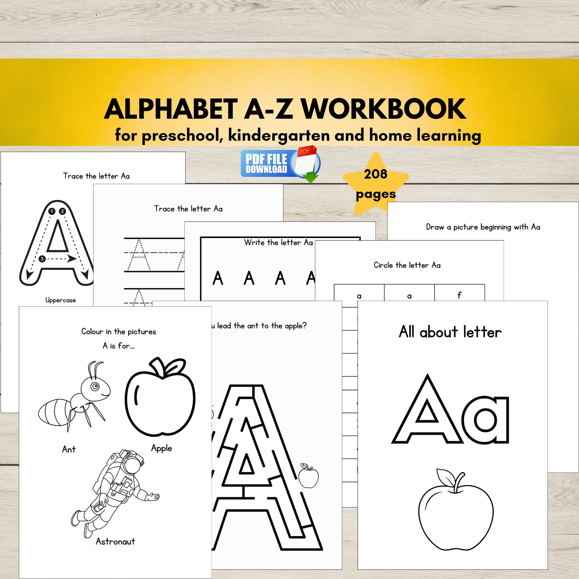Printable A–Z Alphabet Activity Workbook for preschool and kindergarten kids – tracing, phonics, colouring, and learning activities PDF.