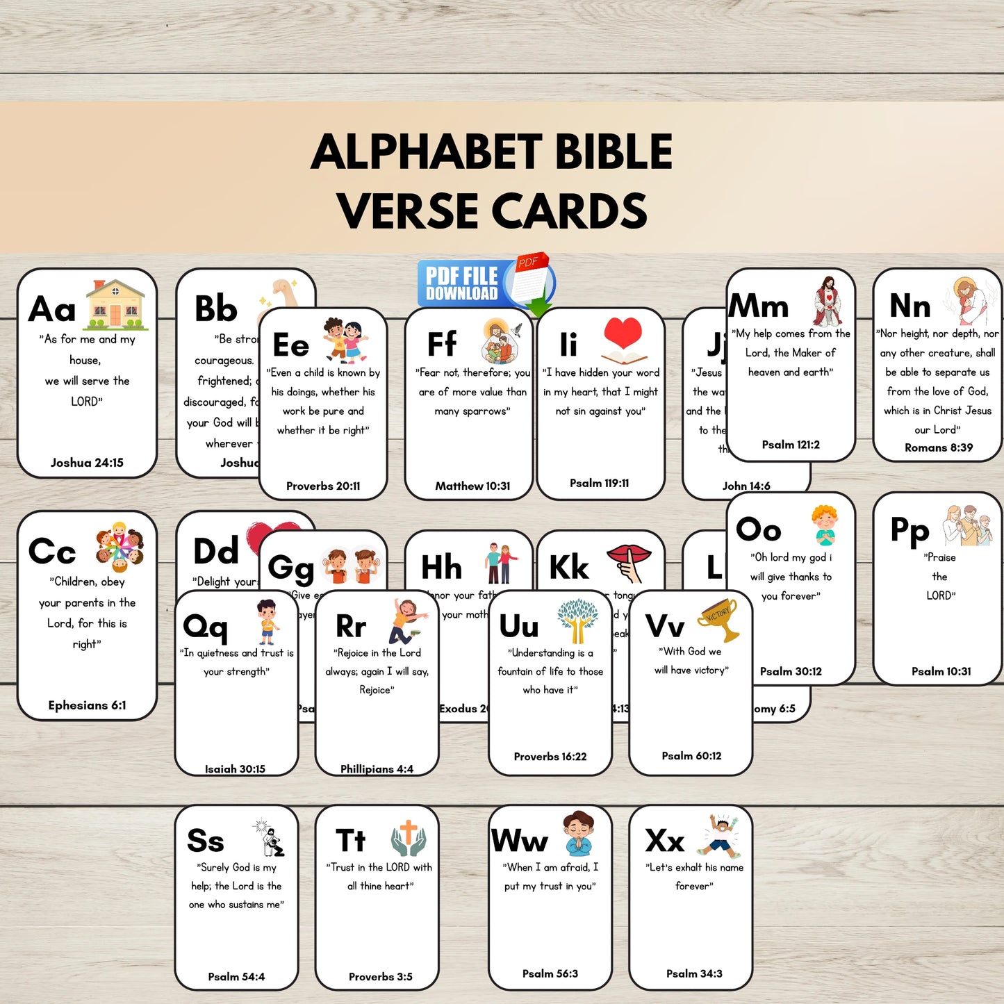 Alphabet Bible verse cards arranged in rows. Each card shows a letter from A to Z. 