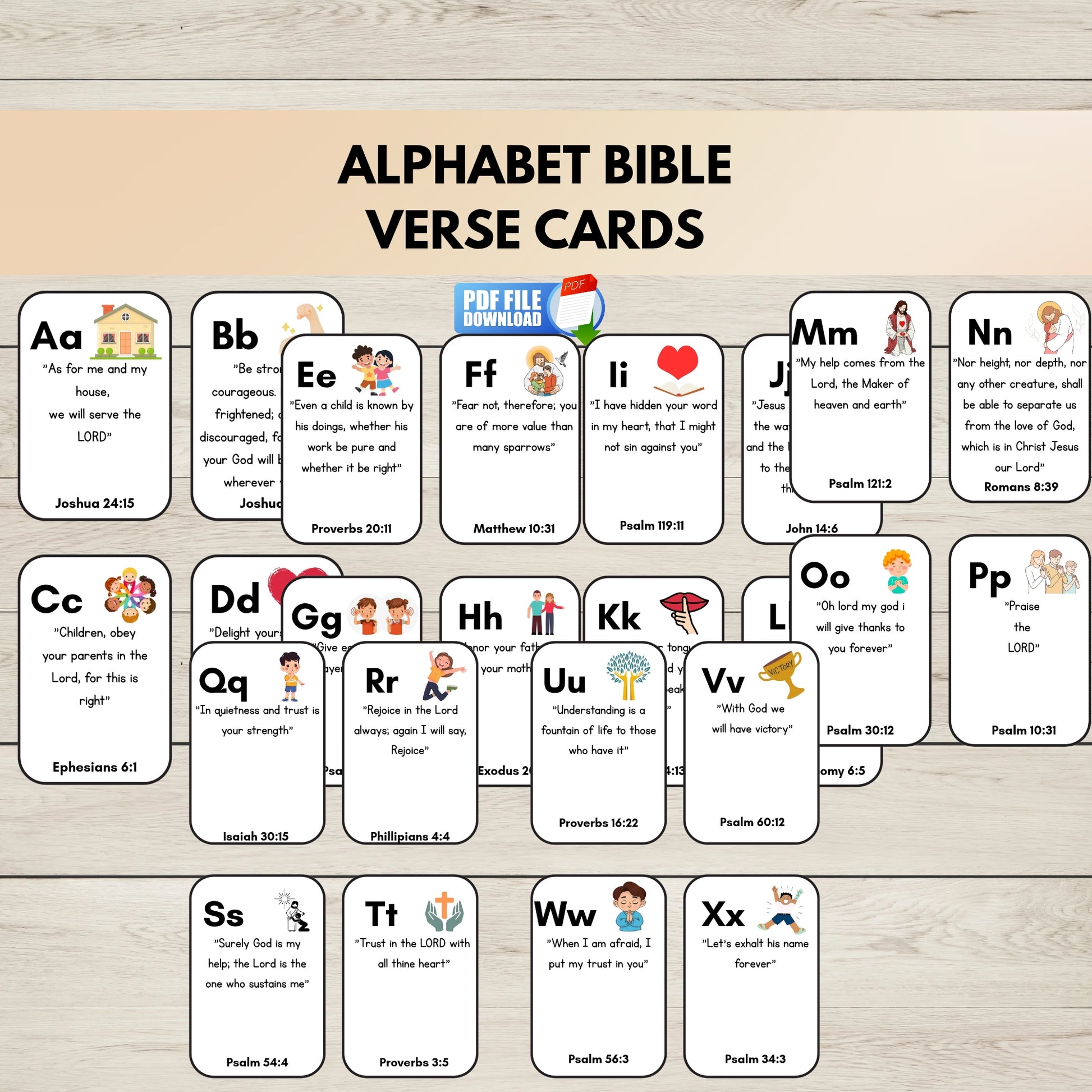 Alphabet Bible verse cards arranged in rows. Each card shows a letter from A to Z. 