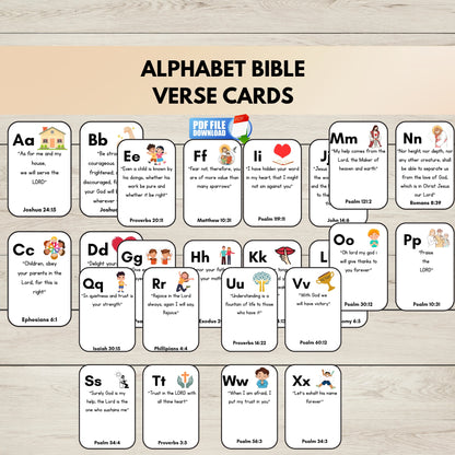 Alphabet Bible verse cards arranged in rows. Each card shows a letter from A to Z. 