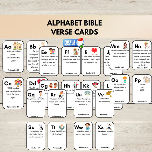 Alphabet Bible verse cards arranged in rows. Each card shows a letter from A to Z. 