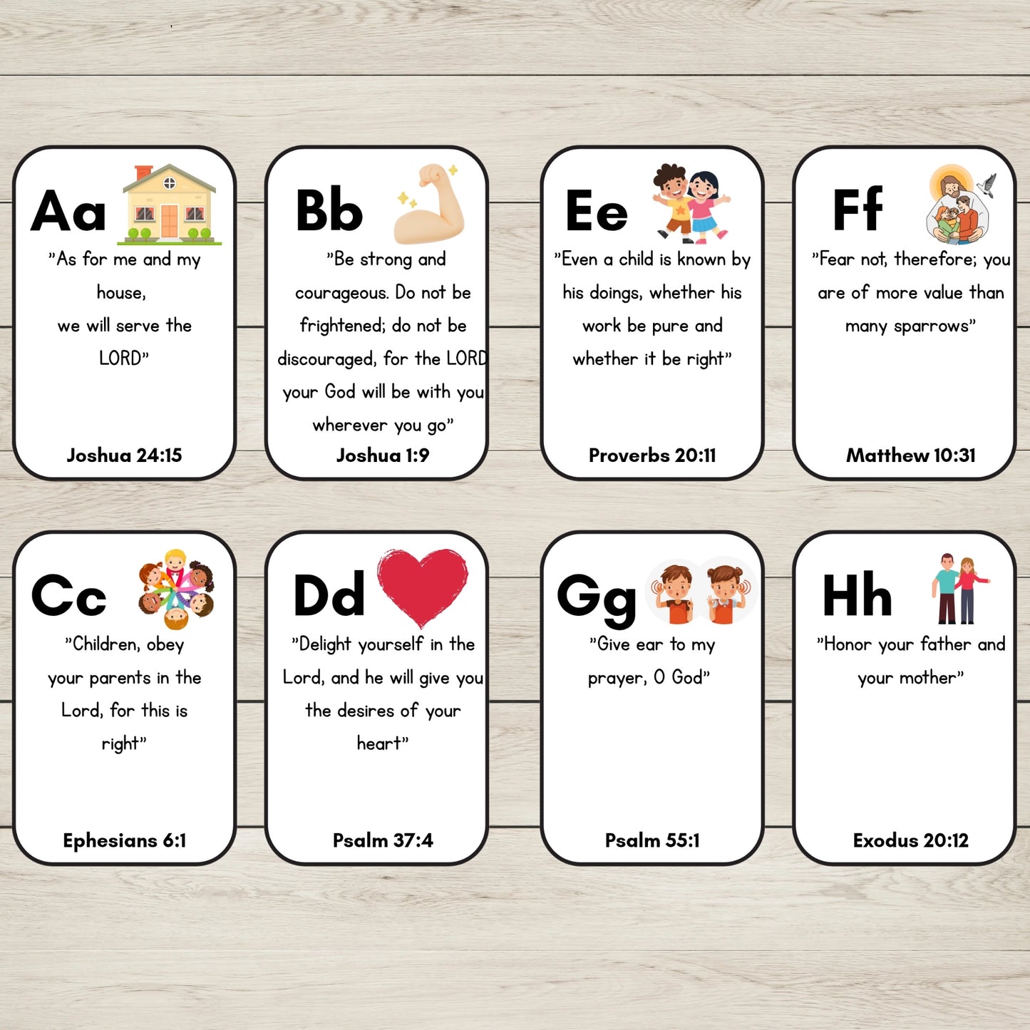 Eight printable letter-a-card style 
Alphabet Bible Verse Cards A to H arranged in two rows on a light wood background. The cards feature uppercase and lowercase letters with Bible verses, small illustrations, and scripture references.