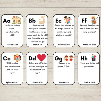 Eight printable letter-a-card style 
Alphabet Bible Verse Cards A to H arranged in two rows on a light wood background. The cards feature uppercase and lowercase letters with Bible verses, small illustrations, and scripture references.