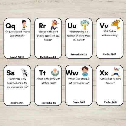 Eight Alphabet Bible Verse Cards, arranged in two rows on a light wood background. The cards feature uppercase letters from Q to X, biblical scripture quotes, and small cartoon illustrations.