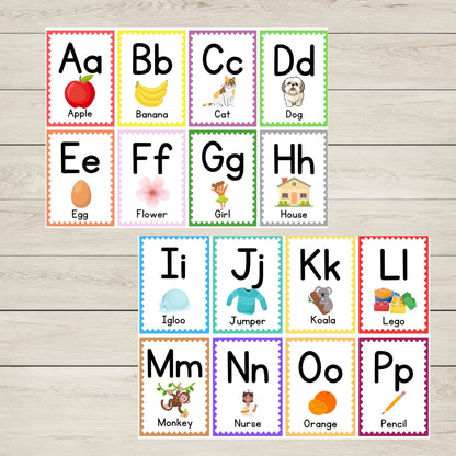 Alphabet flashcards with letters A to P.