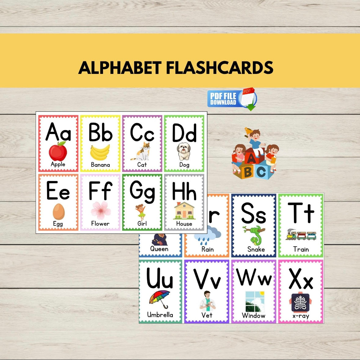 Free printable alphabet flash cards for early learners.