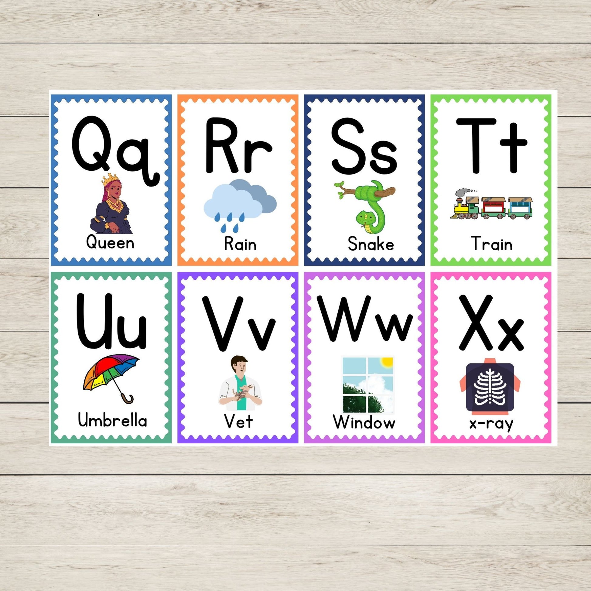 Alphabet flashcards with letters Q to X .