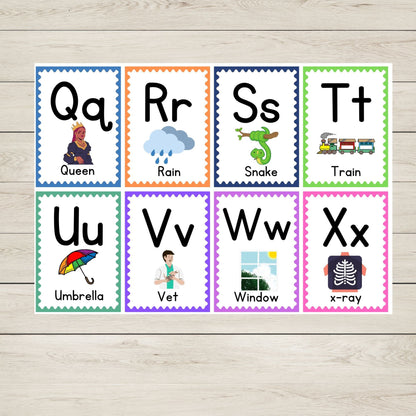 Alphabet flashcards with letters Q to X .