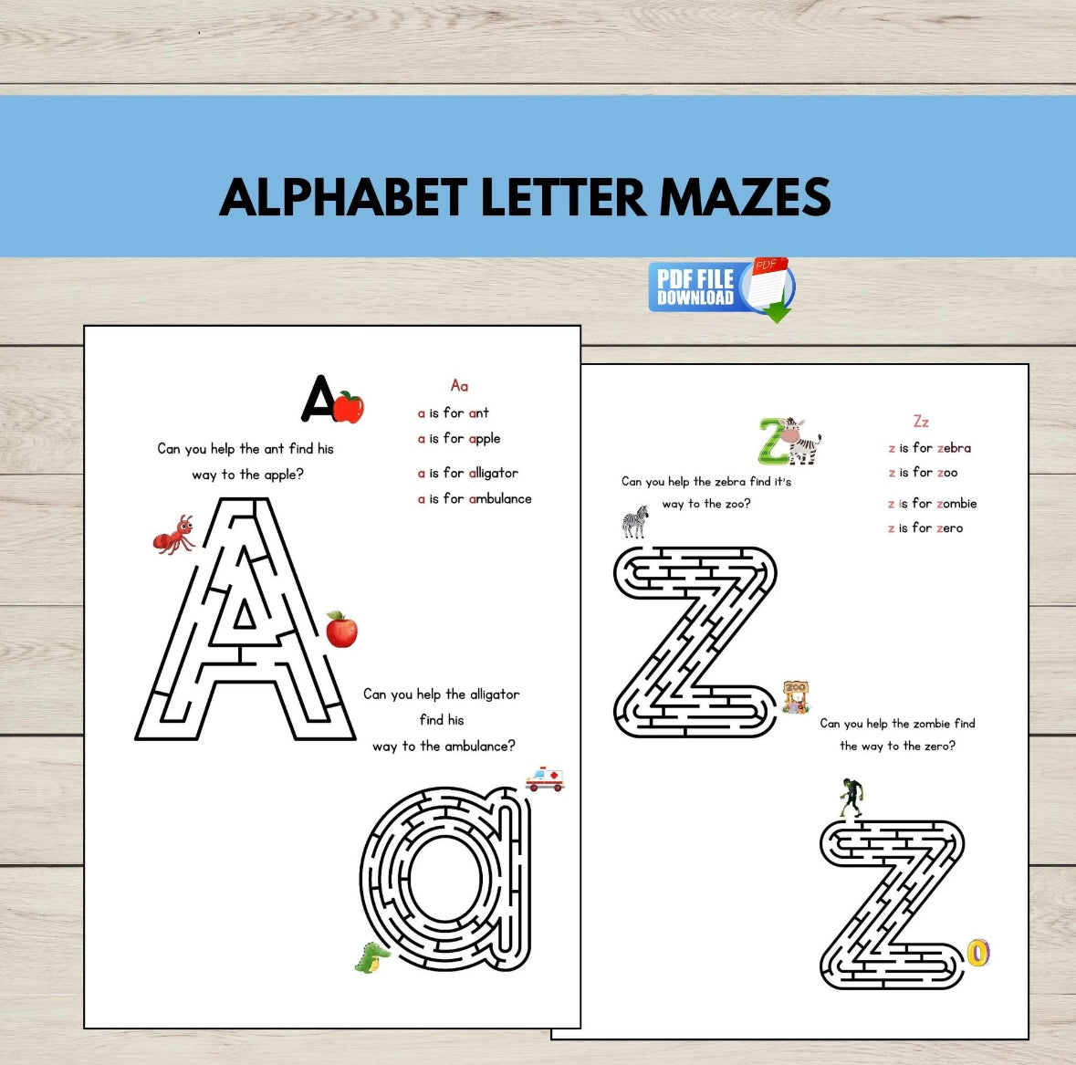 Alphabet letter mazes for A and Z on a wooden surface with a blue banner at the top.