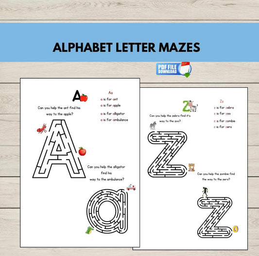 Alphabet letter mazes for A and Z on a wooden surface with a blue banner at the top.