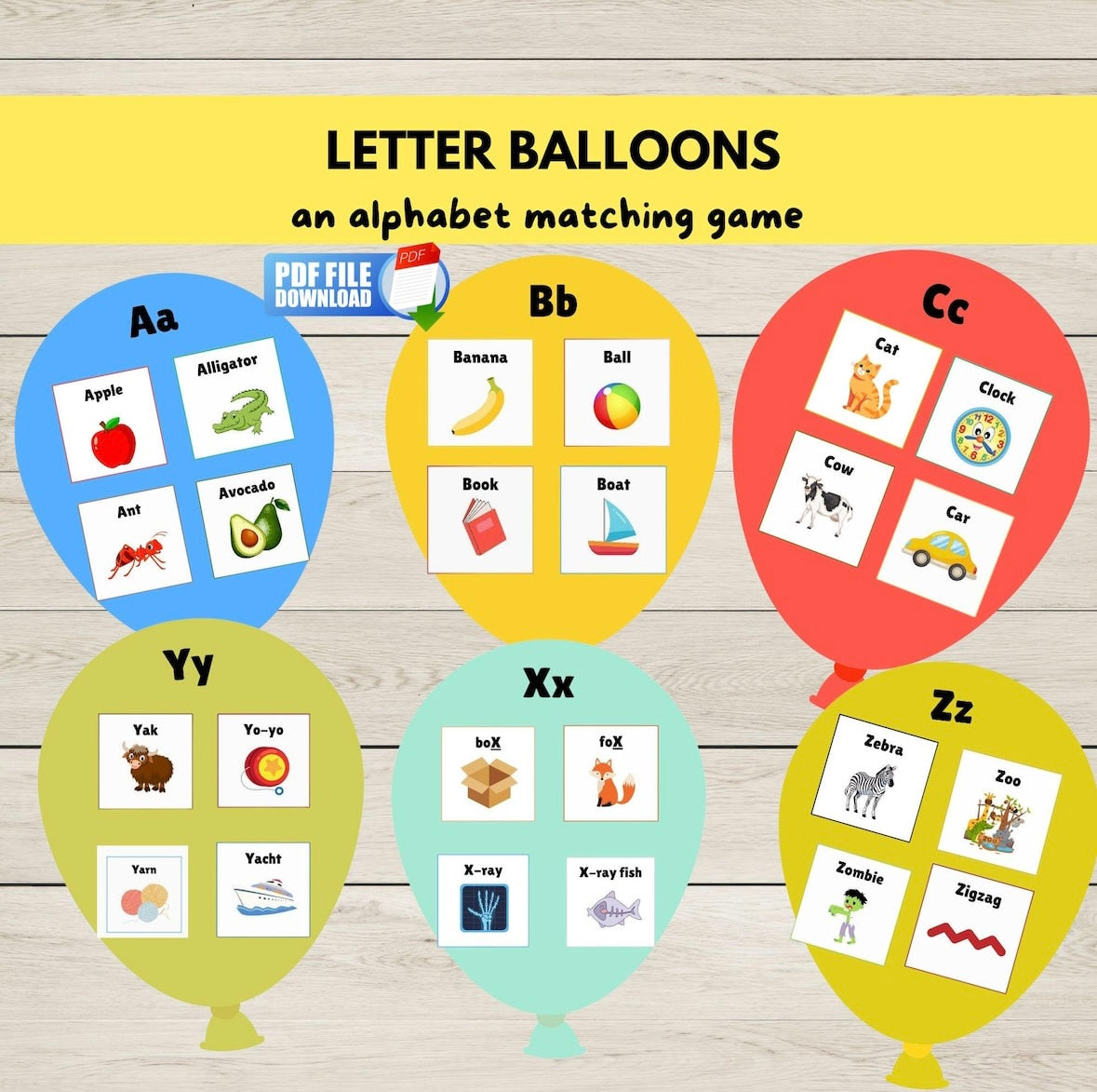 Printable alphabet letter and sounds balloon matching game for kids, featuring colourful letter balloons and beginning sound picture cards for phonics practice