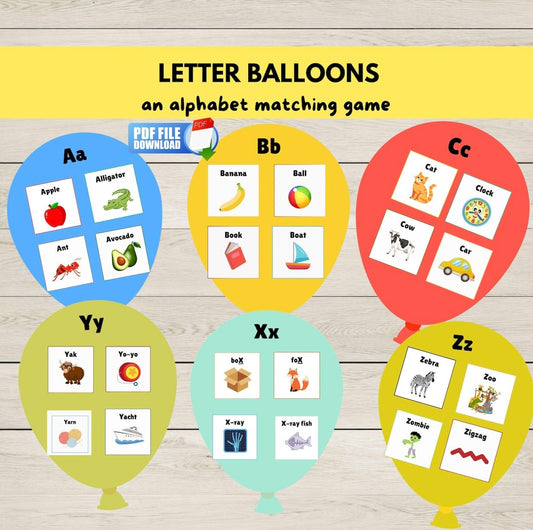 Printable alphabet letter and sounds balloon matching game for kids, featuring colourful letter balloons and beginning sound picture cards for phonics practice