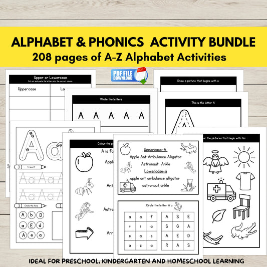 208 pages of pritnable worksheets for alphabet and phonics learning.